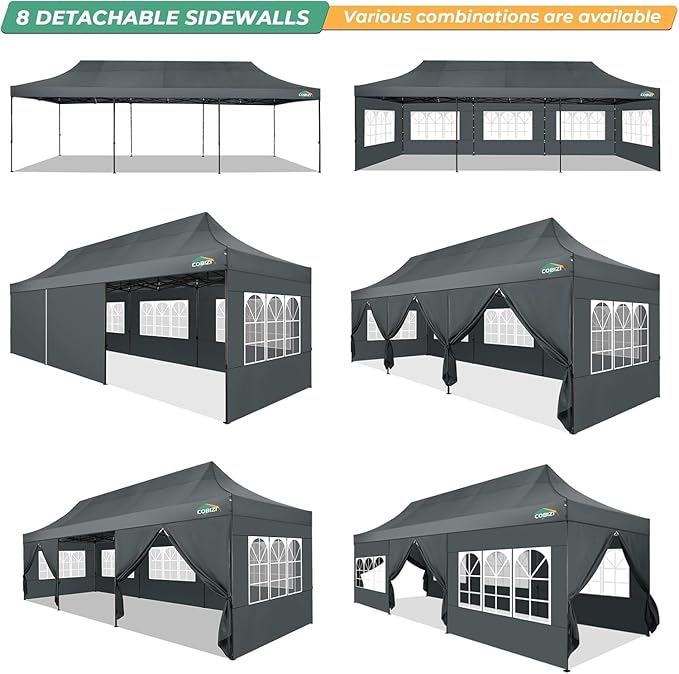 COBIZI 10x30 Heavy Duty Party Tent, Commercial 10x30 pop up Canopy for Parties Waterproof Gazebos with 8 Sidewalls, All Season Wind & Waterproof UPF50+,Stable Thickened Frame, Gray