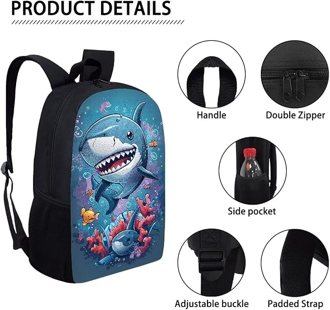 3PCS Cute Shark Fish Sea Print Blue School Bag, 17 Inch Laptop Bookbag Daypack Knapsack Rucksack Lunch Bags Pen Case for College Student