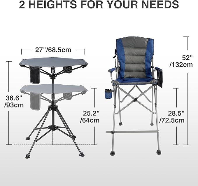 Extra Tall Folding Chairs 2 Pack & Adjustable Height Folding Table Set, Portable Outdoor Bar Table & Foldable Director Chairs with High Back and Storage Bag for Backyard,Beach,Travel