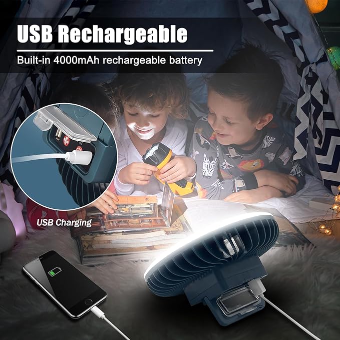 Portable Camping Fan with LED Lantern XTAUTO USB Rechargeable Waterproof Tent Fan with Hanging Hook Magnet Survival Kits for Indoor Outdoor Hiking Car Office Desk Outdoor Emergency Power Outage 2-pack
