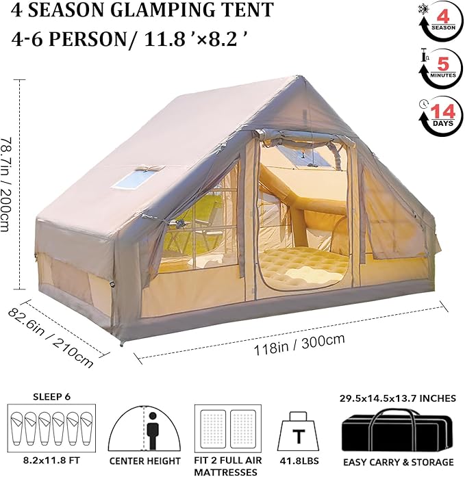 Inflatable Tents for Camping, Large Inflatable Camping Tent with Hand Pump, Easy Setup Tents for 4-6 People, Portable Glamping Tent