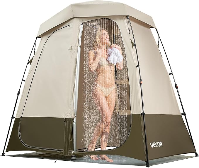 VEVOR Camping Shower Tent, 2-Room Foldable Privacy Tent Changing Room with Ground Stakes, Ropes, Carry Bag, and Crossbar, 150D Oxford Fabric with Silver Coating, for Camping, Beach, and Fishing