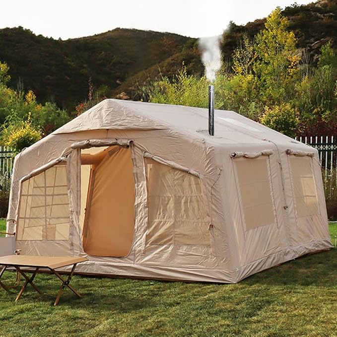4 Season Inflatable Camping Tent with Separate Living and Sleeping Area,3000mm Waterproof Pop-Up Tent with Pump and Stove Jack Hole,4-6 Person Glamping Tent