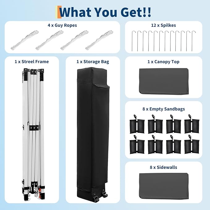 10x30 Pop Up Canopy with 8 SideWalls - Heavy Duty Outdoor Canopy Tent with Portable Roller Bag - 3 Adjustable Height, 4 Weight Bags, 8 Stakes & 6 Guy Ropes Included-Grey