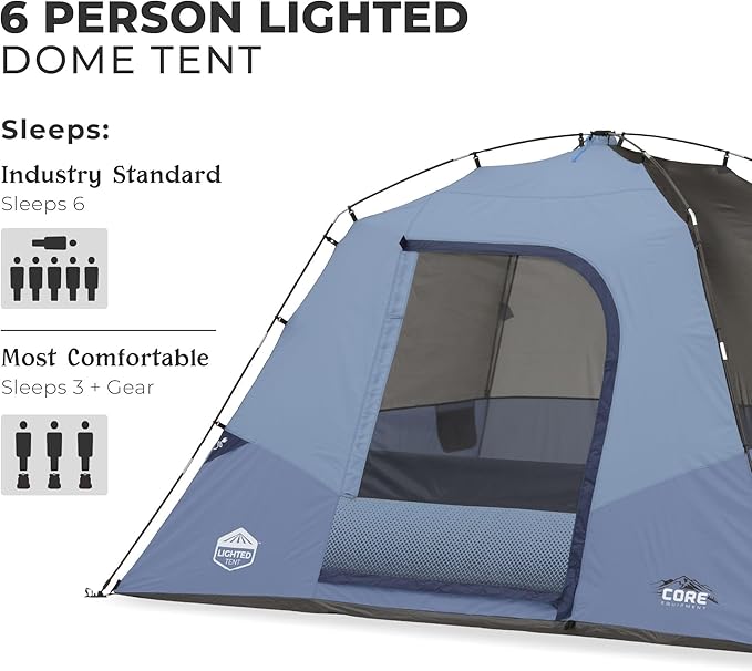 CORE 6 Person Lighted Dome Tent for Outdoor Family, Hiking, and Backpacking | Portable Dome Camp Tent with Storage Pockets for Camping Accessories