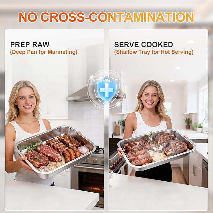 7-Piece Grill Prep and Serving Tray Set, Stainless Steel BBQ Marinating Container with Lid, Cutting Board, Wire Rack, Tongs & Heat Resistant Gloves, Stackable Large Meat Pan for Camping & Tailgating