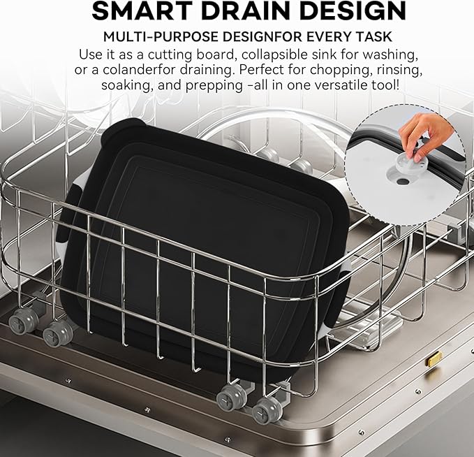 Collapsible BBQ Prep Tub with Cutting Board & Lid, Folding Food Container BPA-Free Heavy-Duty, Dishwasher Safe, Upgraded Drain Hole - for Camping, Grilling Outdoor Cooking (Black, XX-Large)