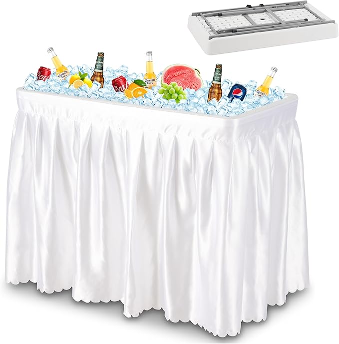 Dragosum Outdoor Cooler Table with Drain, Folding Ice Cooler Table with Removable Matching Skirt, Portable Table Coolers 4 Foot for Party BBQ Camping Wedding