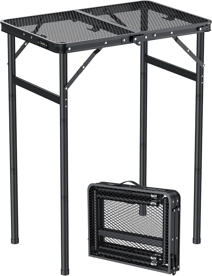 Anbte 2ft Folding Grill Table Max 29.5", 3 Adjustable Height Lightweight Camping Table with Heat-Resistant Mesh Tabletop Portable Handle, Waterproof, for Cooking BBQ Outdoor, 22.8" X 16", Black