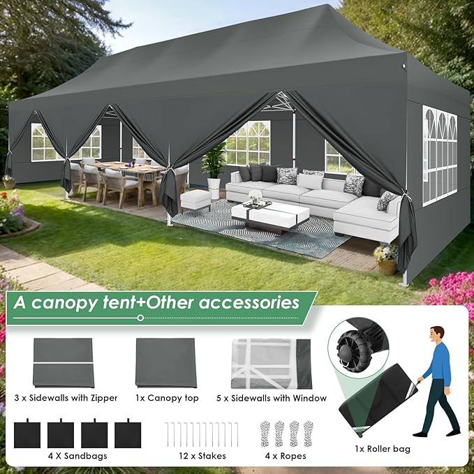 COBIZI Canopy Tent 10x30 Pop Up Canopy with 8 Removable Sidewalls Party Tents for Parties Wedding Patio Commercial Waterproof and UV50+ Ez Outdoor Instant Gazebo with Roller Bag & 4 Sandbags(Grey