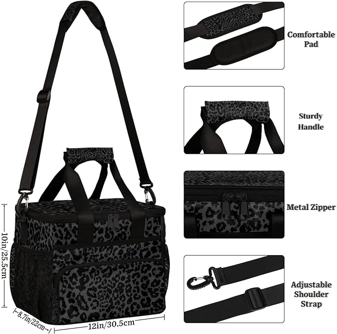 Soft Cooler Bag Black Leopard Print Insulated Lunch Box for Men & Women, Large Leakproof Lunch Bag Portable Beach Cooler for Work, Picnic, Road Trips,Fishing, Travel, Camping
