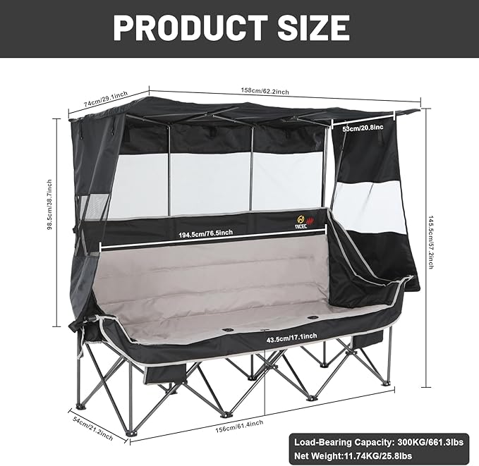 Nice C Heated 3 Person Camping Chair with Canopy, Heated Double Camping Chairs with Battery, Portable Oversized Padded Sports Umbrella Chair with Shade, Cup Holder, Cooler Bag, for Lawn Outdoors