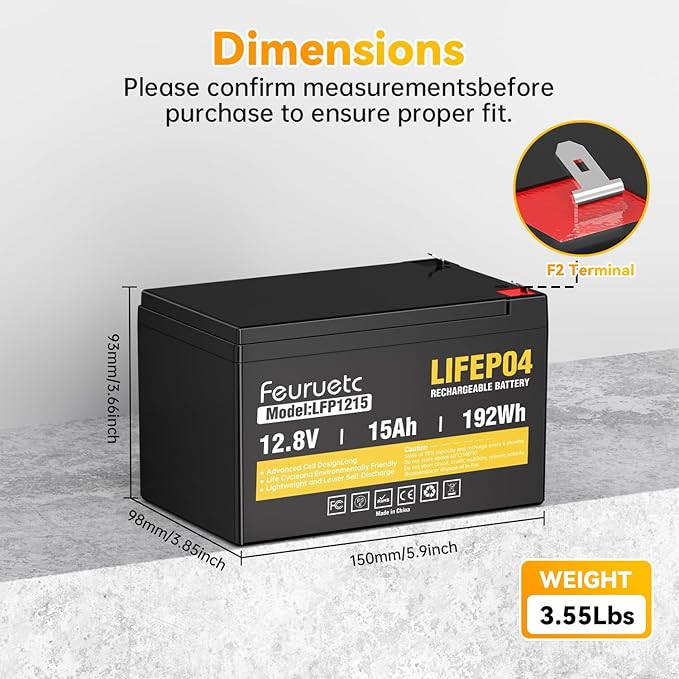 12V 15Ah Deep Cycle LiFePO4 Battery, 3000+ Cycles, Maintenance-Free Battery for Fish Finder, Scooter, Security System, Solar System, UPS etc Rechargeable Lithium Iron Phosphate