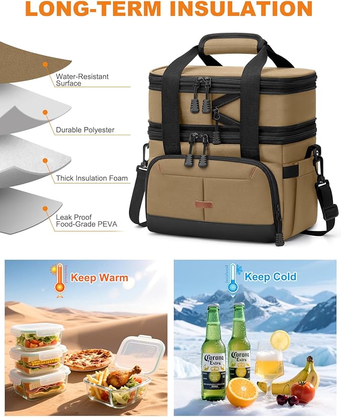 Lunch Box For Men Women Double Deck Insulated Lunch Bag For Men Woman Leakproof Expandable Cooler Bag with Adjustable Shoulder Strap for Kids Shool Work Picnic Camping(Khaki,Large)