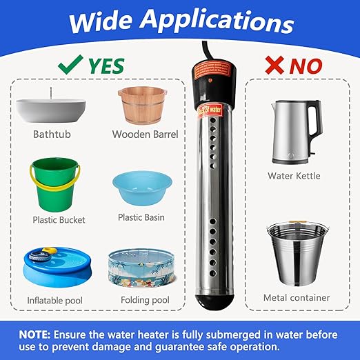 Immersion Water Heater 1500W – Portable Stainless Steel Bucket Heater with Thermostat, Anti-Scald Guard, Auto Shut-Off & Digital Temp Control for Home, Hot Tub, Spa, Camping, RV