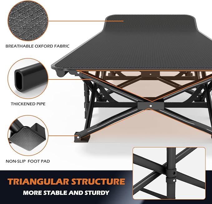 ATORPOK Camping Cot for Adults with Cushion Comfortable, Portable Folding Bed for Sleeping, Lightweight Folding Bed with Carry Bag for Kids Supports 450 lbs (Black)