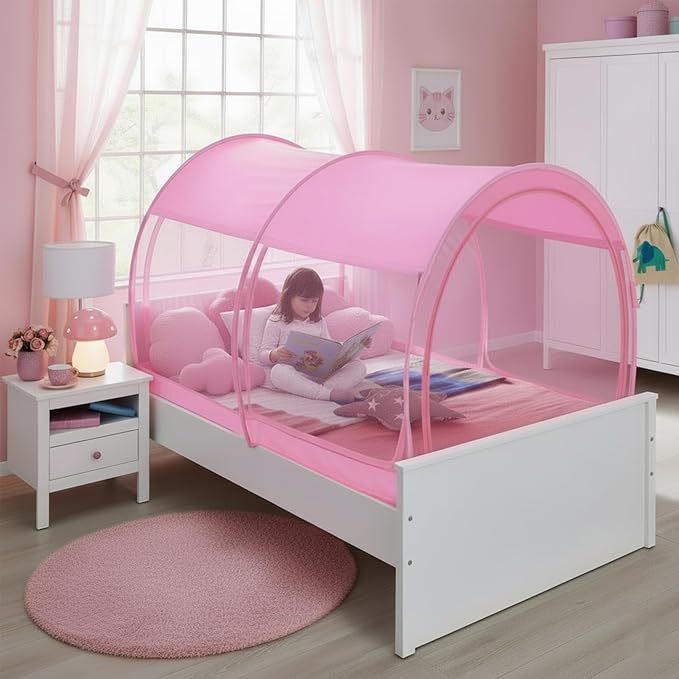 Alvantor® Mosquito Net Bed Canopy Tents Dream Privacy Space Twin Size Sleeping Tents Indoor Pop Up Portable Frame Breathable Cottage Pink (Mattress Not Included)