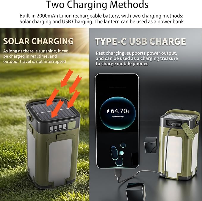 Solar LED Camping Lantern Portable IPX4 Waterproof Camping Lamp Rechargeable with 2000mAh Solar Charging & LED Power Indicator Lantern with 6 Modes Portable Flashlight Tent Lights for Camping Hiking