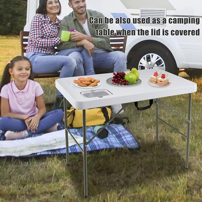 Giantex Fish Cleaning Table w/ 2 Sinks, Faucet, Hose Hook Up, Portable Folding Camping Table w/Measure Mark, Outdoor Fillet Cleaning Station for Fishing Beach Picnic (with Sprayer & Storage Shelf)