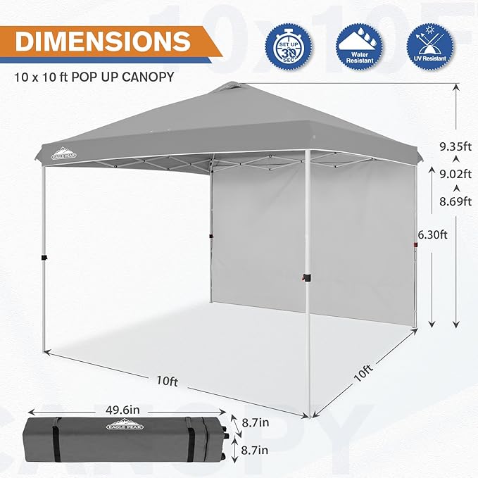 EAGLE PEAK Commercial Canopy 10x10 Pop Up Canopy Tent with 1 Sidewall, Easy Setup Heavy Duty Instant Event Shelter for Vendors & Markets, Outdoor Sun Shade, Light Gray