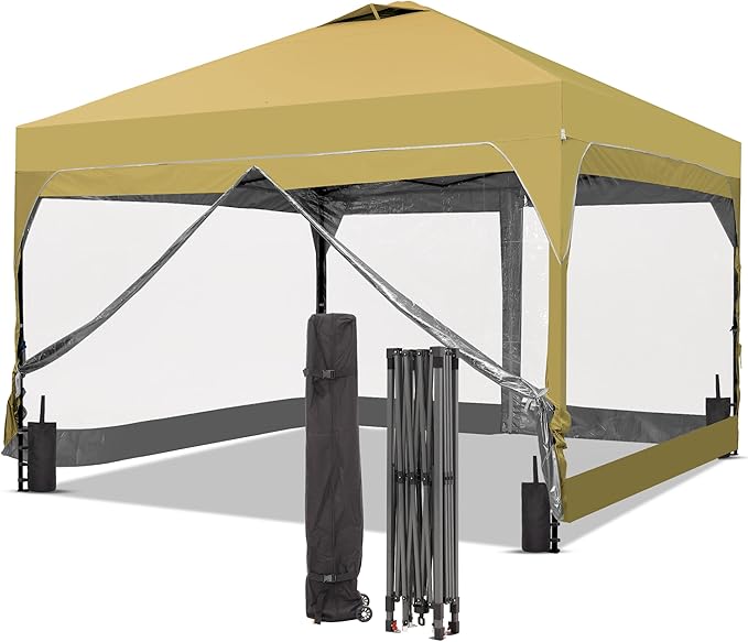 GDY 12x12FT Outdoor Pop Up Canopy Tent with One Push Setup, Easy Setup Gazebo with 4 PVC Transparent Sidewalls for Patio, Parties, Camping, Khaki
