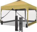 GDY 12x12FT Outdoor Pop Up Canopy Tent with One Push Setup, Easy Setup Gazebo with 4 PVC Transparent Sidewalls for Patio, Parties, Camping, Khaki
