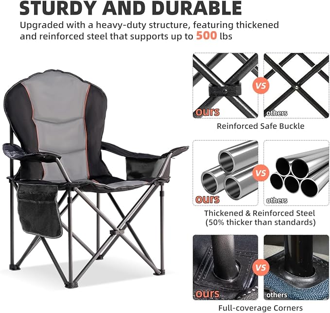 Large Camping Chair with Side Table Heavy Duty 500LBS - Folding Outdoor Chair with Cooler Bag (Black & Light Gray, 1 PCS)