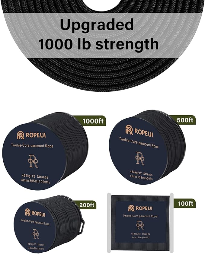 1000lb Paracord, 5/32" (4mm) 12 Strand Nylon Tactical Parachute Cord, 100ft–1000ft Utility Rope for Survival, Camping, Hiking, Outdoor Crafting, Bracelets & Clothesline