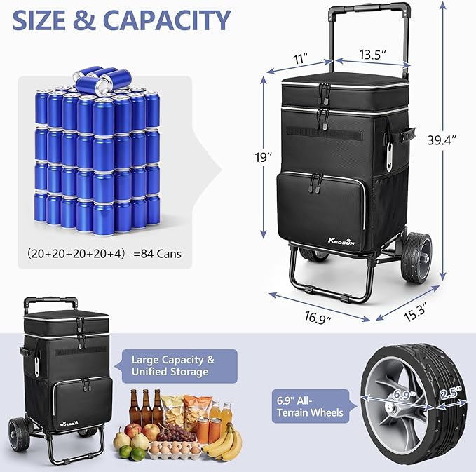KEDSUM 84-Can Large Cooler with Wheels, 100% Leakproof Wheeled Cooler with 7" Big Wheels & Widen Wheel Track, Backpack Coolers Ideal for Beach, Camping, Fishing & Travel, Telescoping Handle