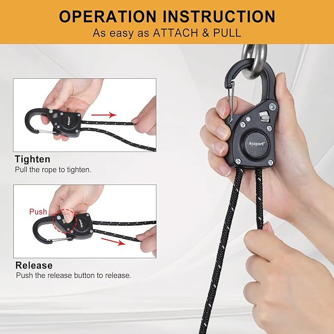 Ayaport Rope Tie Down Ratchet with Carabiner Clip 1/4" x 12' Rope Cord Tightener Heavy Duty Construction Kayak tie Downs for Tent, Tarp, Camping