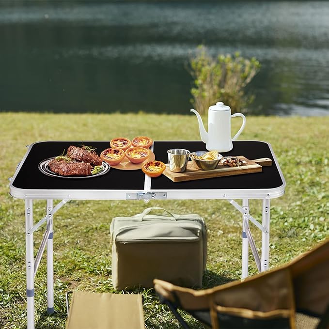 3ft Small Folding Camping Table Portable Lightweight Fold Up Utility Side Tables with Carrying Handle, Outdoor Aluminum Fold in Half Dining Card Table for Picnic Party Events (Black)