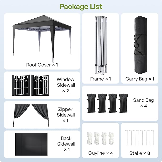 10x10 Pop Up Canopy with Sidewalls, Outdoor Instant Canopy Tent with Carry Bag for Commercial Events, Camping, Backyard Parties - Black