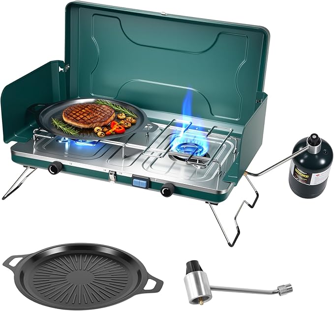 2 Burner Propane Stove, 20000BTU Portable Camping Stove with 2 Adjustable Burner and Wind Guards, Camping Cooktop with Ignition & Griddle for Camping,Tailgating, BBQ, Grilling,Outdoor Gear