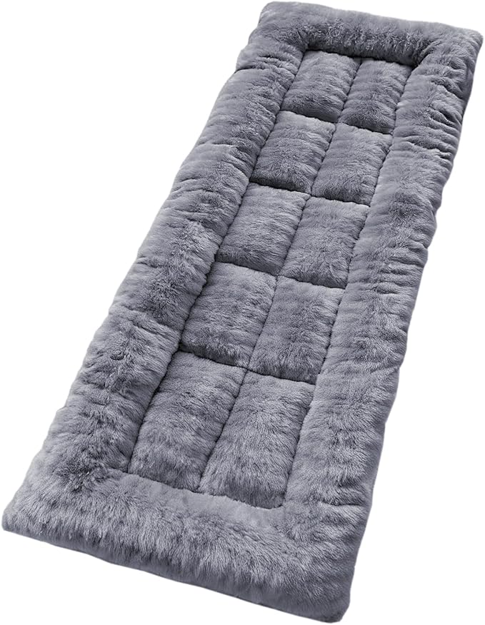 Thick Camping Sleeping Pad - Faux Rabbit Fur Ultra Soft & Non-Slip Sleeping Mat with Portable Roll up Camping Cot Pad for Travel Car Tent Guest Bed (75" x 28", Dark Grey)