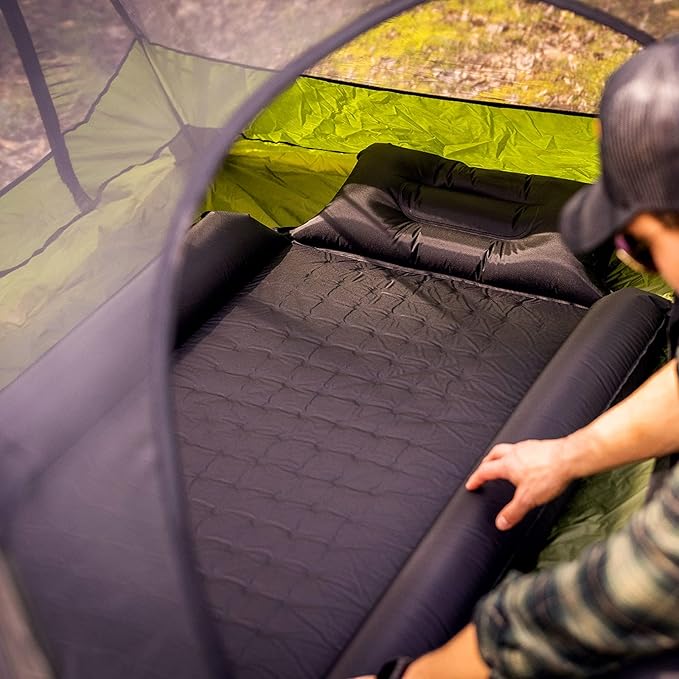 Pelican Self Inflating Sleeping Pad w/Pillow & Arm Rest, Camping Gear - Waterproof Foldable Lightweight Air Mattress - Memory Foam Sleeping Mat for Hiking, Backpacking - Travel Accessories - Black