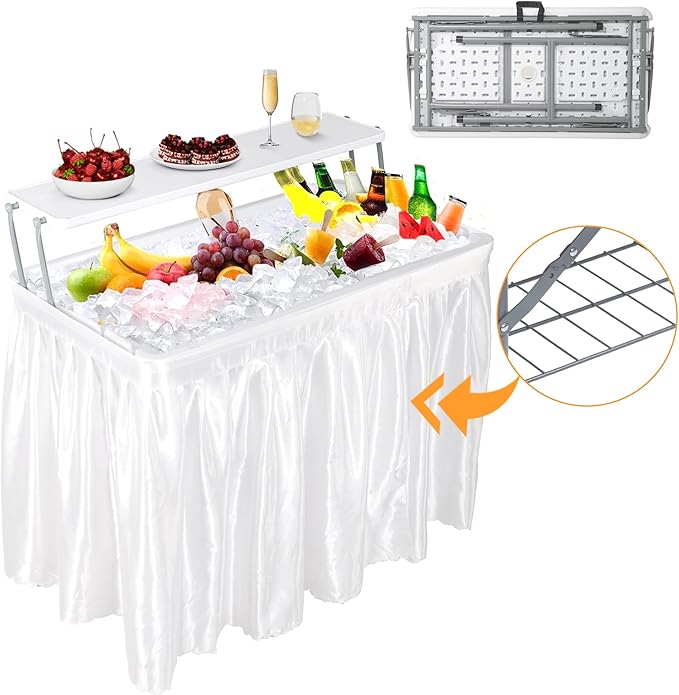 Allpop 2 Tiers Folding Ice Cooler Table with Matching Skirt, Portable Party Table with Grid Rack & Drain Hose for Patio Picnic Camping Wedding, White