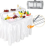 Allpop 2 Tiers Folding Ice Cooler Table with Matching Skirt, Portable Party Table with Grid Rack & Drain Hose for Patio Picnic Camping Wedding, White