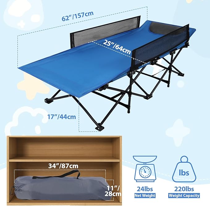 REDCAMP Kids Cot for Sleeping 2-7 Years, Portable Travel Toddler Cot Bed with Guardrail, Lightweight for Outdoor Indoor Home, Blue