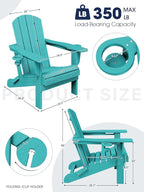 KINGYES Folding Adirondack Chair with Dual Cup Holders - HDPE All-Weather Outdoor Chairs, Wood-Like Patio Chair for Backyard, Camping, Pool & Fire Pit, Aruba