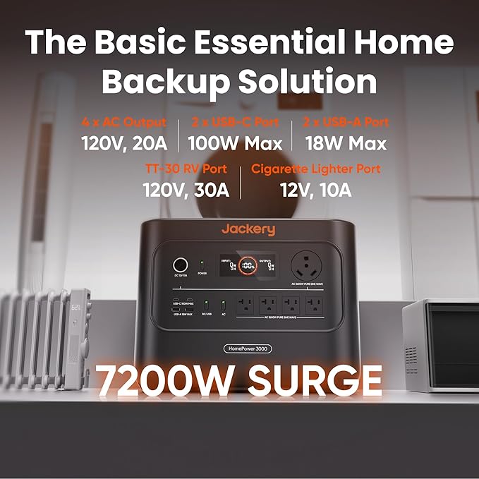 Jackery HomePower 3000 Portable Power Station and Transfer Switch with 2X 200W Panels, 3600W (7200W Surge), 3072Wh LFP Battery, USB-A/C, Home Backup & Emergencies, Grey