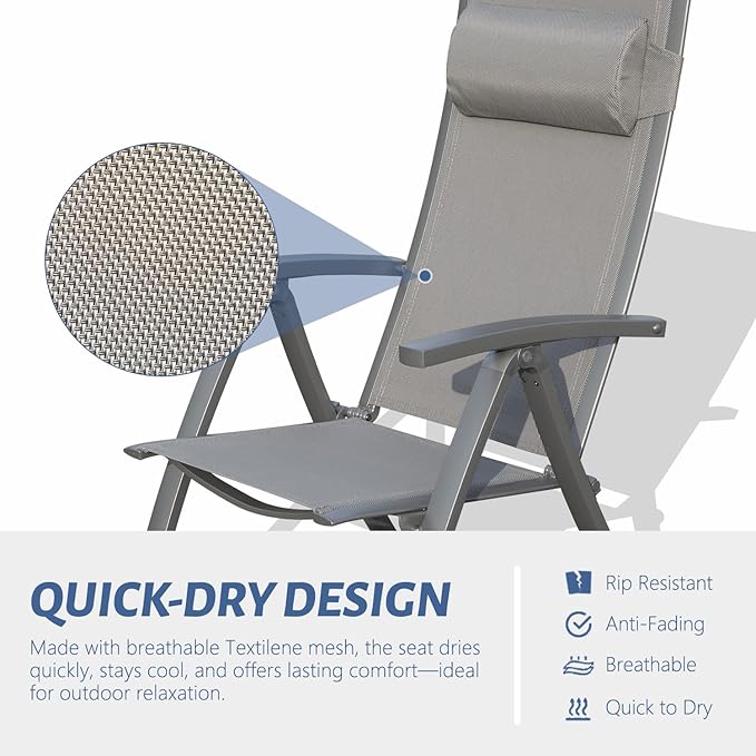 Domi Patio Outdoor Sling Chairs Set of 2 with Moveable Headrest, Folding Chairs Outdoor Reclining Camping Chairs with Armrest Adjustable High Backrest