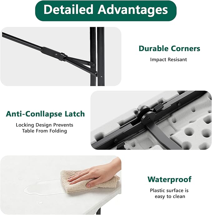 Folding Table 6FT Heavy Duty Plastic Table with Handle, Foldable&Portable, Fold-in-Half Utility Tables for Outdoor, Dining, Wedding, Events, Indoor, Picnic, Camping, Party, White