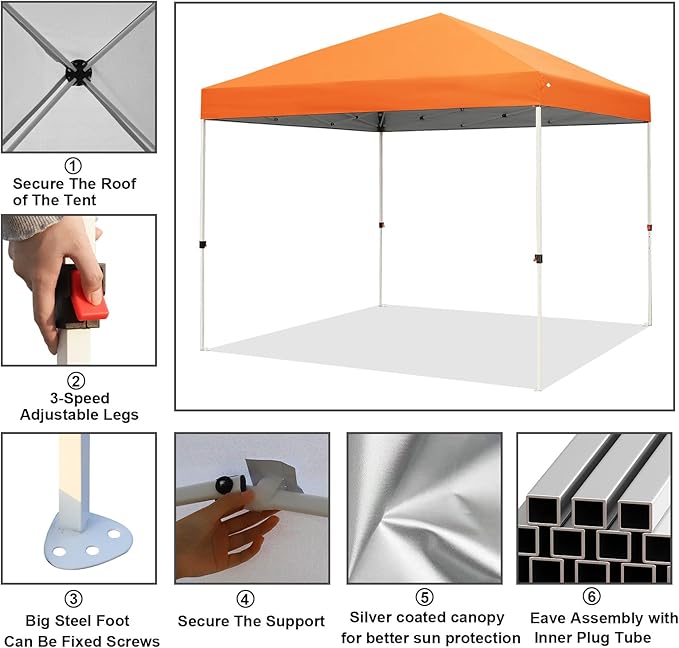 Northroad 10x10ft Pop Up Canopy, Popup Outdoor Canopy Tent with Wheeled Carrying Bag,Portable Gazebo Shelter for Patio,Deck,Garden,Beach（Orange）