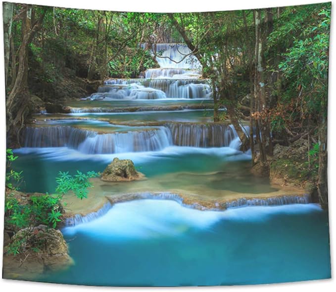 Forest Waterfall Tapestry Wall Hanging Sandy Beach Picnic Rug Camping Tent Sleeping Pad Home Decor Bedspread Sheet Wall Cloth (104x88inch,9)