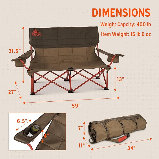 Kelty Low Loveseat Oversized 2-Person Heavy Duty Folding Camp Chair, Double Seat for Soccer Games, Tailgating, Beach Days (Low Height/Bungee)