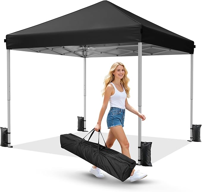 10x10 Pop Up Canopy Tent, Instant Setup Portable Canopy with Carry Bag, 4 Sandbags and 8 Stakes for Outdoor Events, Parties & Camping - Black