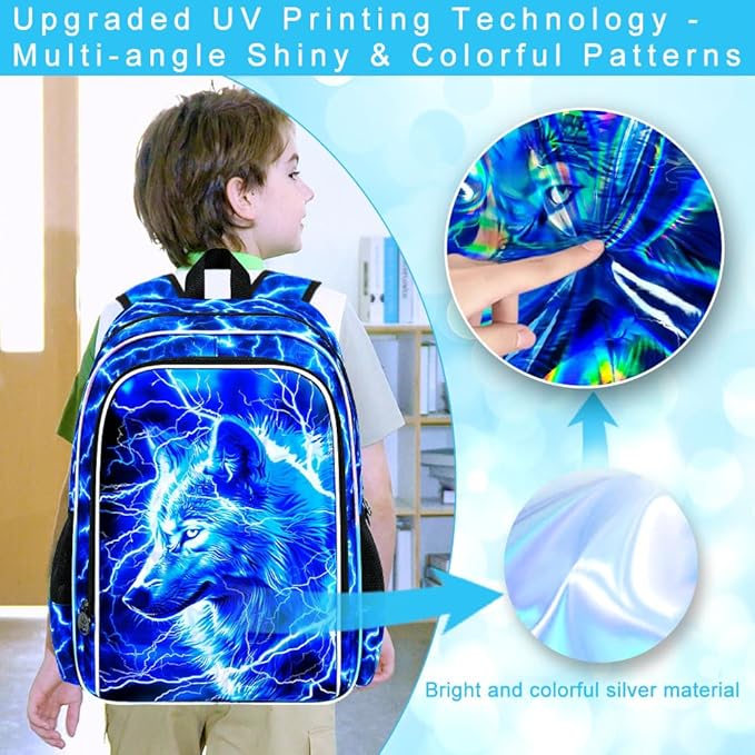 3Pcs Wolf Backpack for Boy, 17" Lightning Bookbag for Elementary Preschool Kindergarten, Kids School Backpacks with Lunch Box (Blue)