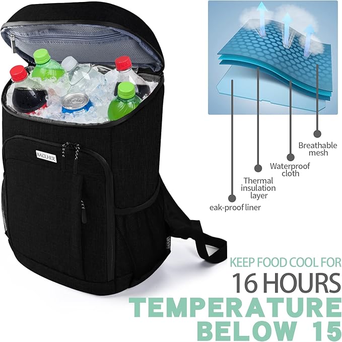 BAGLHER Lightweight Insulated Cooler Backpack - 30 Cans, Leak-Proof for Lunch, Picnic, Hiking, Camping Trips
