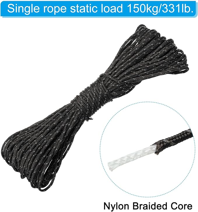 PATIKIL 65 Feet Reflective Guyline Camping Paracord, 3mm Tent Cord Guyline Rope Nylon Paracord Rope for Camping Tent Tarp Hiking Black (20M)