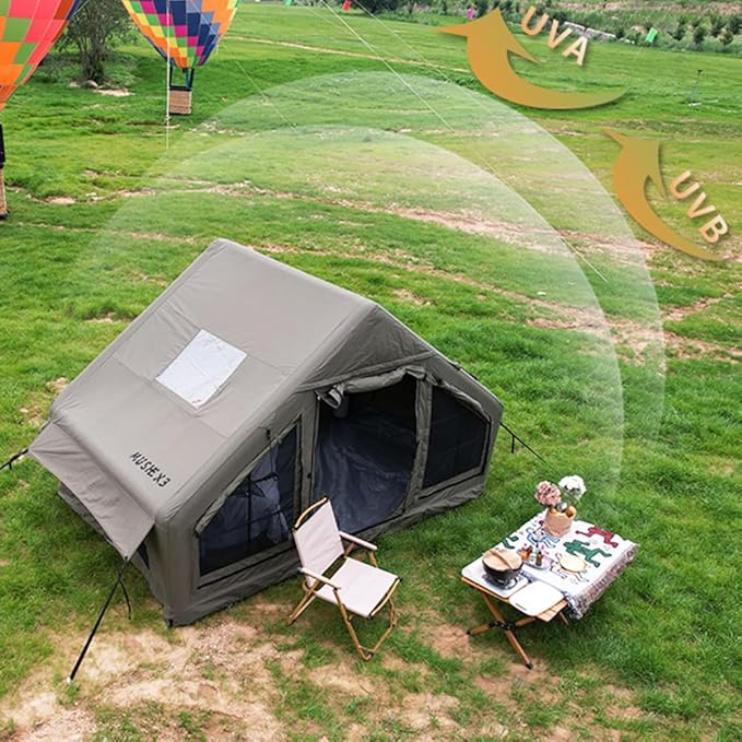 Large Luxury Inflatable Camping Tent Cotton Canvas Tent, Breathable and Waterproof Air Tent with Skylight and Stove Jack Hole for for 4-6-8-10 Person Family Camping